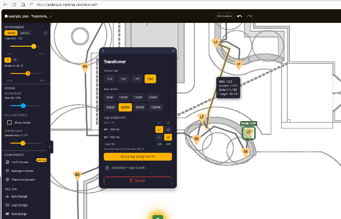 Landscape lighting plan with live voltage results shown at each fixture and transformer